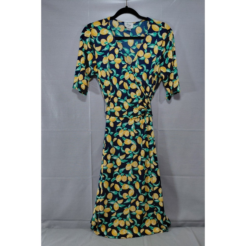 DM Collection All Over Lemon Print Faux Wrap Midi Dress Sz 14